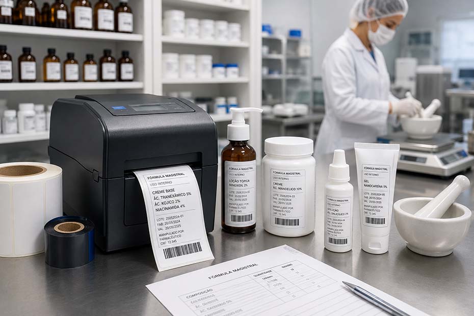 Impressora térmica imprimindo etiquetas para medicamentos manipulados em farmácia magistral, com frascos rotulados, ribbon e ambiente técnico de manipulação farmacêutica.
