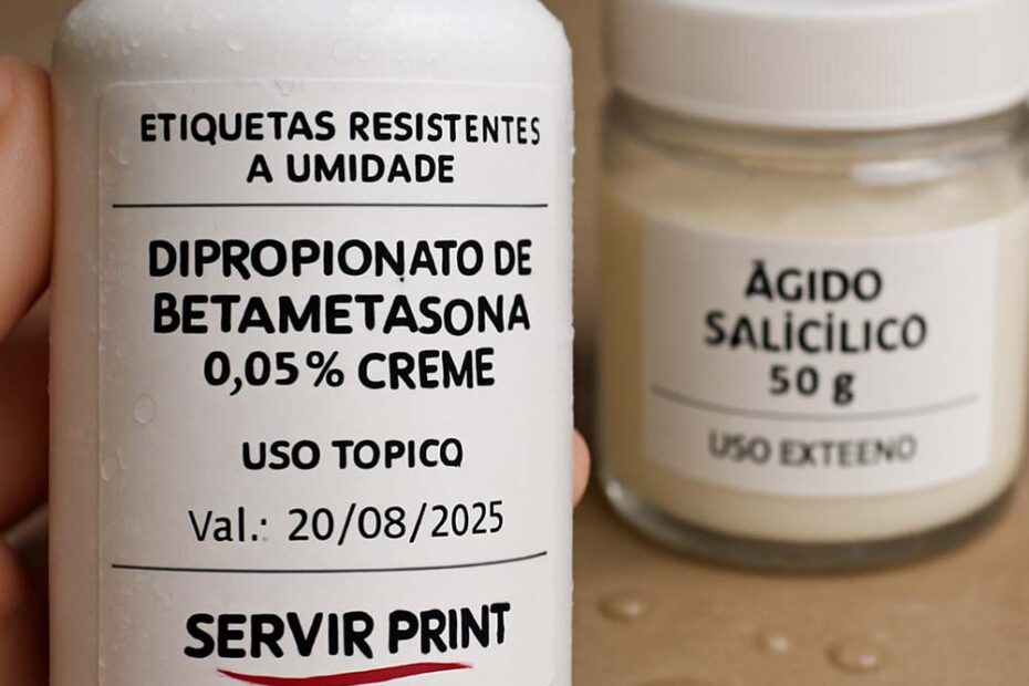 Impressora térmica Zebra imprimindo rolo de etiquetas em BOPP resistente à umidade, ideais para frascos de medicamentos em ambientes refrigerados.