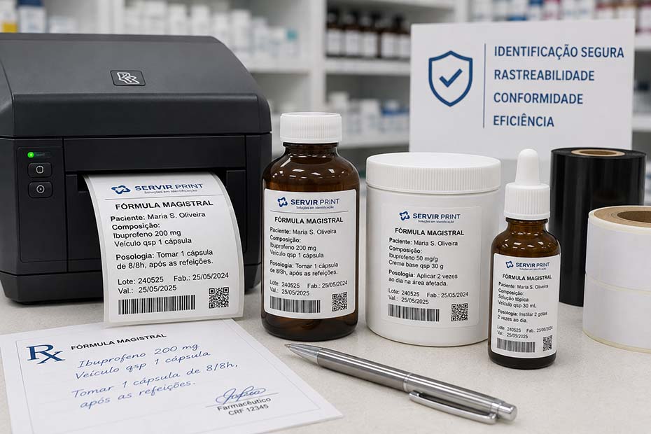 Impressora térmica imprimindo etiquetas em pequena tiragem para frascos de medicamentos manipulados em farmácia magistral, com rótulos legíveis, código de barras e identificação segura.