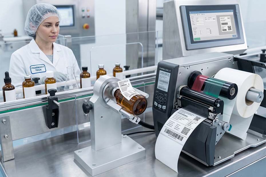 Operação de automação na rotulagem farmacêutica utilizando impressoras térmicas industriais, rolos de etiquetas em BOPP e ribbons de resina para rastreabilidade de frascos. Aviso de Proporção: A imagem de destaque DEVE ser estritamente na proporção horizontal (16:9) ou quadrada (1:1). Cortes e formatos verticais não são permitidos.