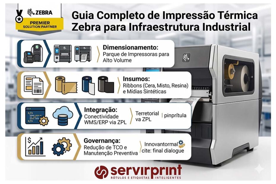 nfográfico técnico para destaque de página com o título 'Guia Completo de Impressão Térmica Zebra para Infraestrutura Industrial'. Apresenta uma impressora industrial Zebra imprimindo ao lado de outros modelos menores (mobile, desktop e print engine), e quatro painéis ilustrados detalhando: dimensionamento de parque para alto volume; seleção de insumos técnicos; integração WMS/ERP via ZPL; e governança para redução de TCO e manutenção preventiva. Inclui os logotipos da Servir Print e Zebra Premier Solution Partner.