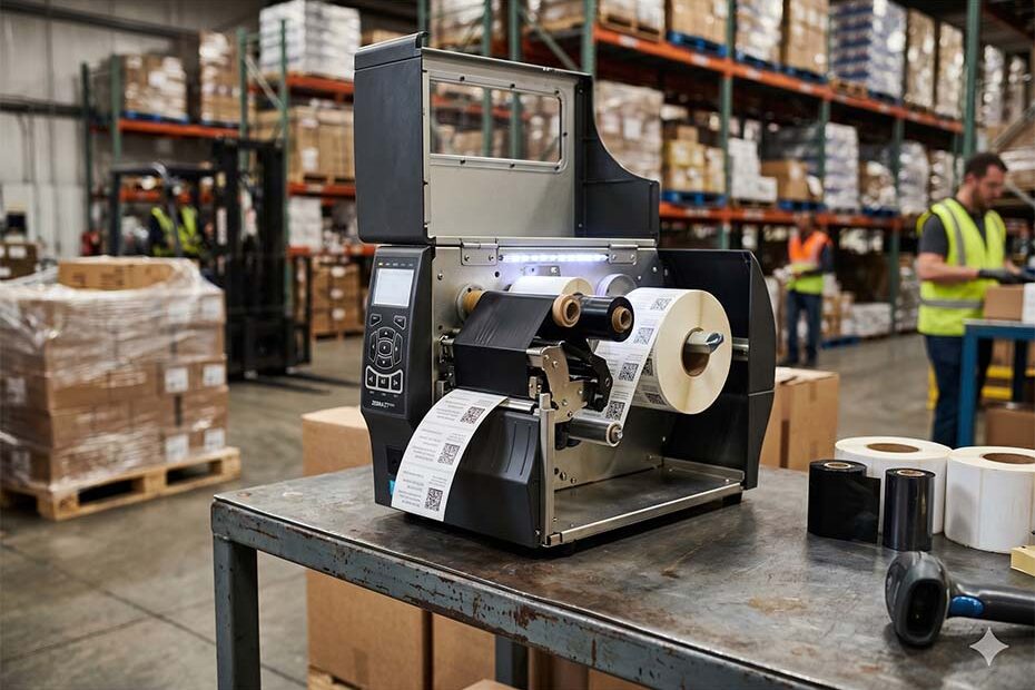 Impressora térmica industrial Zebra ZT411 operando em linha de produção de alto volume com etiquetas de BOPP e ribbon de resina para rastreabilidade de precisão.