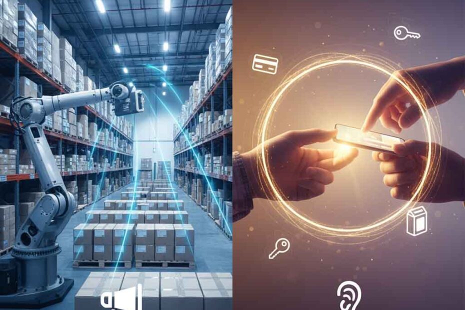 Comparação visual entre RFID (Megafone UHF, representando automação e logística em armazém com robô) e NFC (Sussurro, com smartphones e ícones de pagamento e segurança por proximidade).