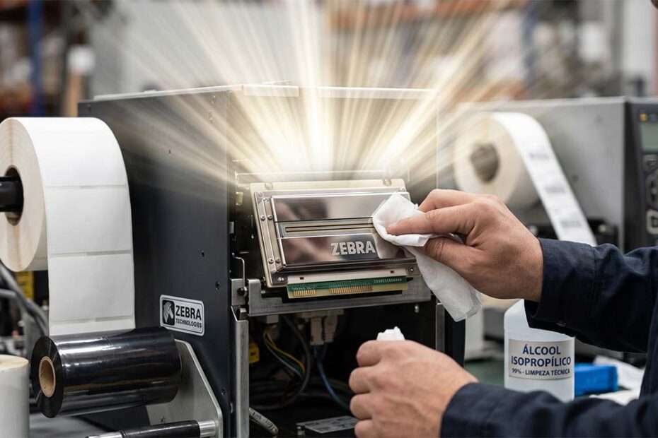 Técnico especializado realizando a limpeza de um cabeçote de impressão Zebra original com álcool isopropílico 99% e lenço sem fiapos para evitar linhas brancas e queima de pixels.