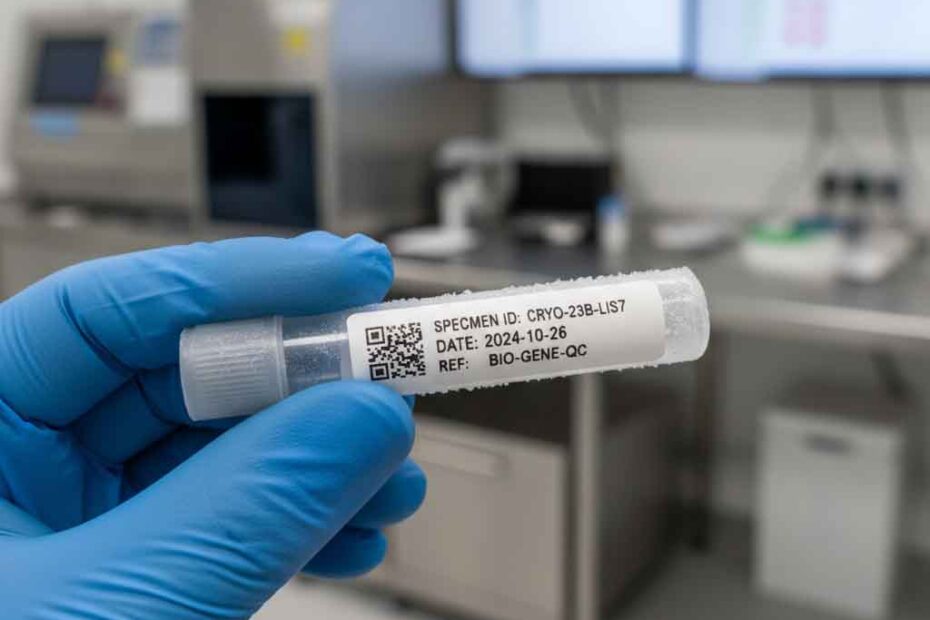 Um técnico de laboratório com luvas aplica uma etiqueta com código de barras e QR code em um tubo de coleta de sangue, com equipamentos de análise clínica e um computador ao fundo.