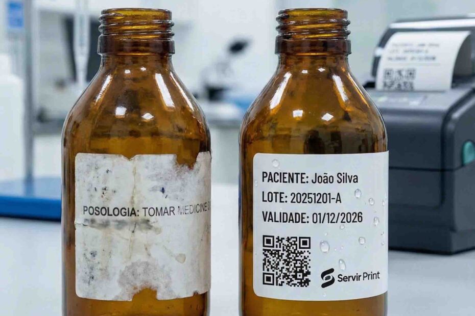 Foto comparativa em laboratório de farmácia de manipulação mostrando dois frascos de vidro âmbar. À esquerda, um frasco com rótulo de papel desgastado, manchado e ilegível. À direita, um frasco com etiqueta BOPP da Servir Print, intacta e com gotículas de água na superfície, demonstrando resistência e legibilidade das informações do paciente, lote e QR code, em conformidade com a RDC 67.