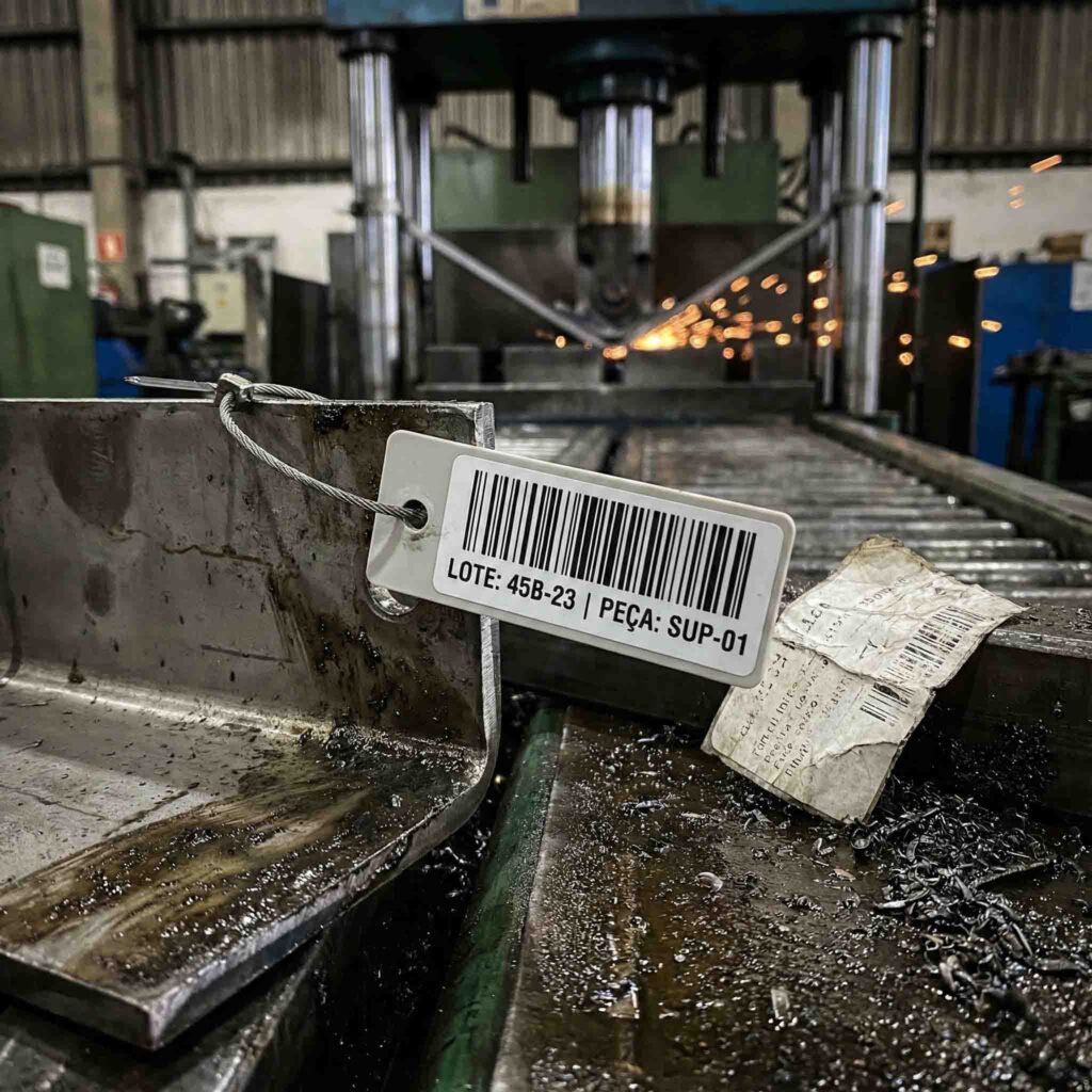 Fotografia em close no chão de fábrica comparando duas situações de rastreabilidade: em primeiro plano, uma etiqueta durável com código de barras fixada mecanicamente por cabo de aço em uma peça de metal oleosa. Ao lado, uma etiqueta de papel amassada, suja de graxa e ilegível. Ao fundo, desfocado, uma máquina dobradeira industrial em operação soltando faíscas.