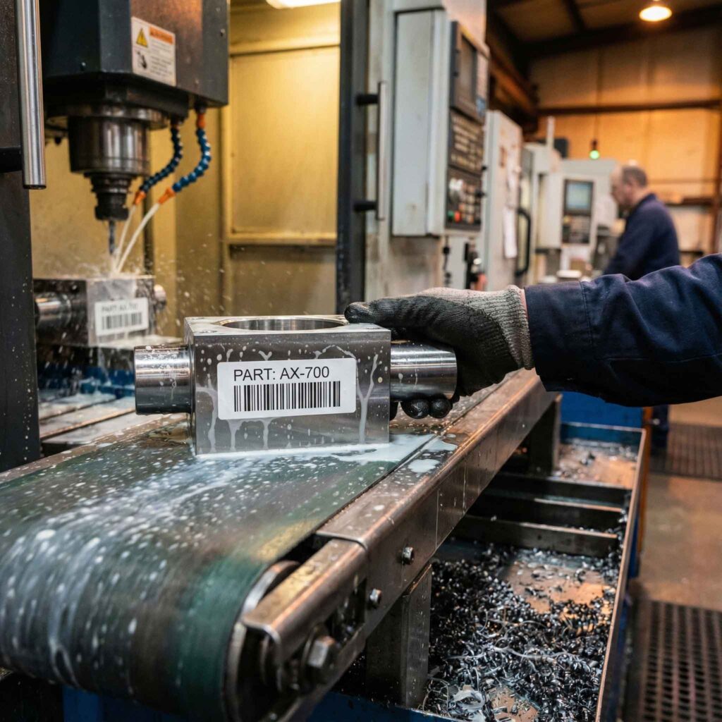 Mão enluvada segurando uma peça de metal usinada coberta por fluido de corte, exibindo uma etiqueta com código de barras que permanece intacta e legível, com maquinário industrial ao fundo.