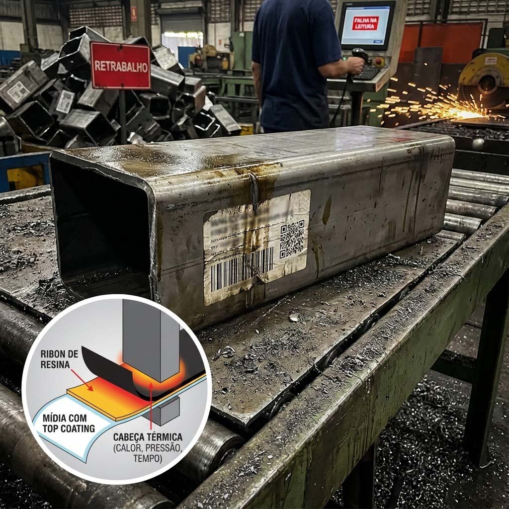 Ambiente industrial de metalurgia com uma peça de aço e uma etiqueta de código de barras danificada e ilegível. Ao fundo, um operador com um scanner indicando 'FALHA NA LEITURA' e uma placa de 'RETRABALHO'. Um diagrama circular no canto inferior esquerdo ilustra o processo de impressão térmica com 'Ribbon de Resina', 'Mídia com Top Coating' e 'Cabeça Térmica