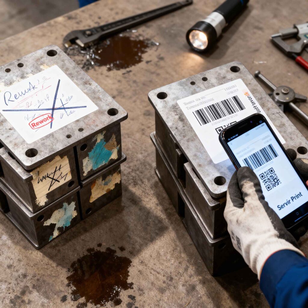 Processo de corte e dobra de chapas metálicas com etiquetas de identificação industrial de alta resistência.