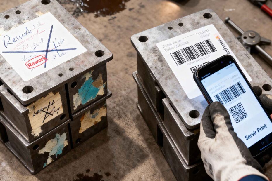 Processo de corte e dobra de chapas metálicas com etiquetas de identificação industrial de alta resistência.