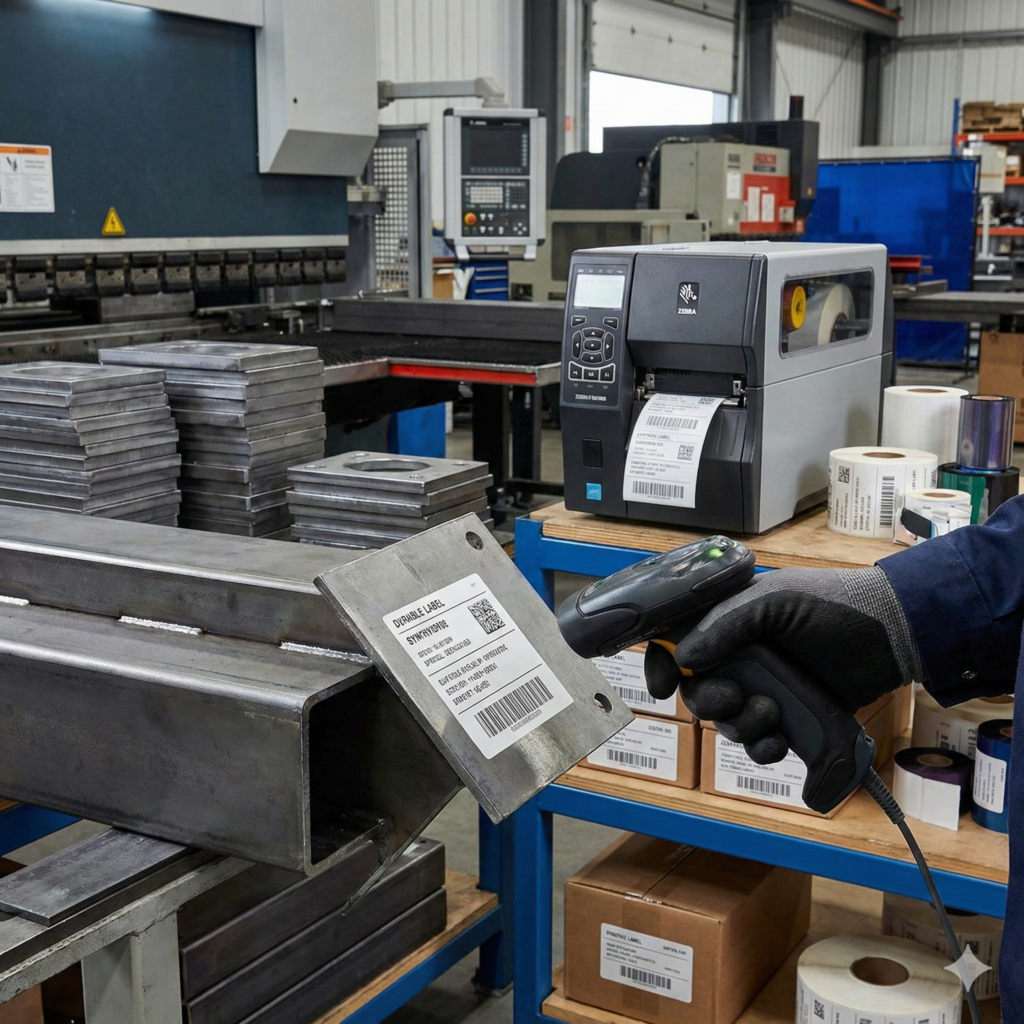 Operador com luvas utilizando um leitor de código de barras manual para escanear uma etiqueta de identificação fixada em uma viga de metal no chão de fábrica, com uma impressora industrial Zebra visível ao fundo.