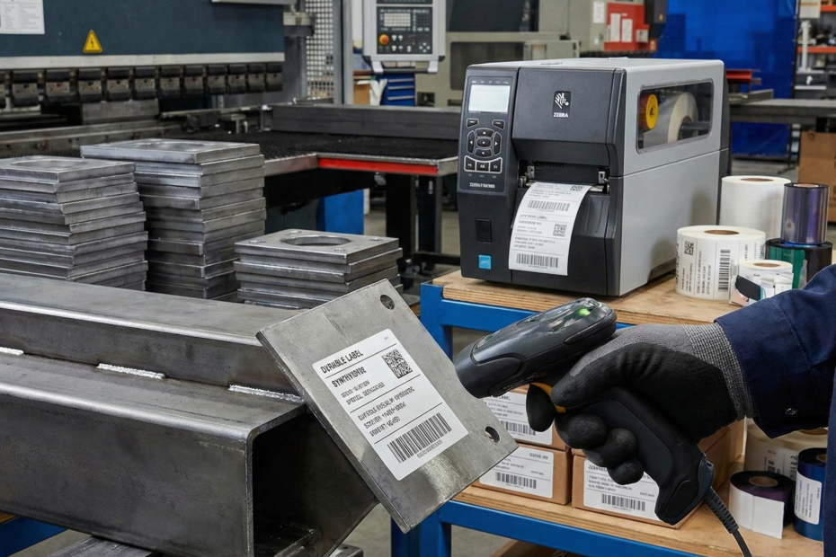 Operador com luvas utilizando um leitor de código de barras manual para escanear uma etiqueta de identificação fixada em uma viga de metal no chão de fábrica, com uma impressora industrial Zebra visível ao fundo.