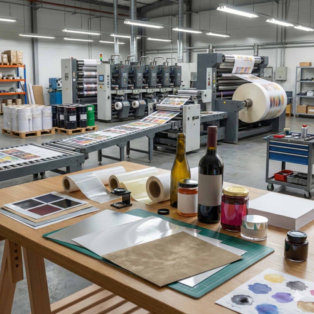Ambiente de indústria flexográfica com bobinas de papel e exemplos de rótulos adesivos, ilustrando a composição e qualidade do papel couché para embalagens.