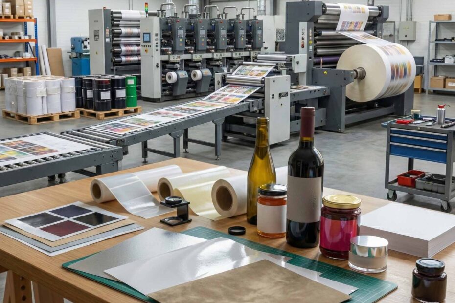 Ambiente de indústria flexográfica com bobinas de papel e exemplos de rótulos adesivos, ilustrando a composição e qualidade do papel couché para embalagens.