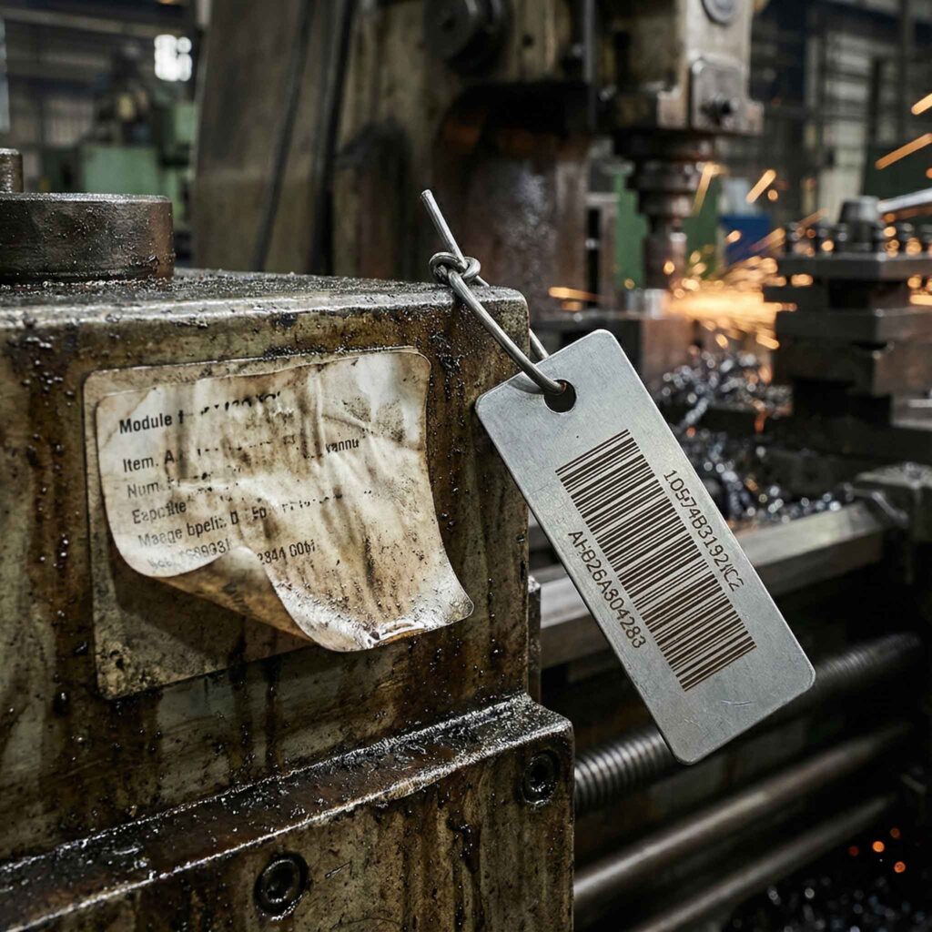 Close-up de máquina industrial oleosa comparando uma etiqueta adesiva de papel suja e descolando com uma tag metálica durável e código de barras, presa por fixação mecânica com arame, ilustrando a solução para falhas de rastreabilidade.
