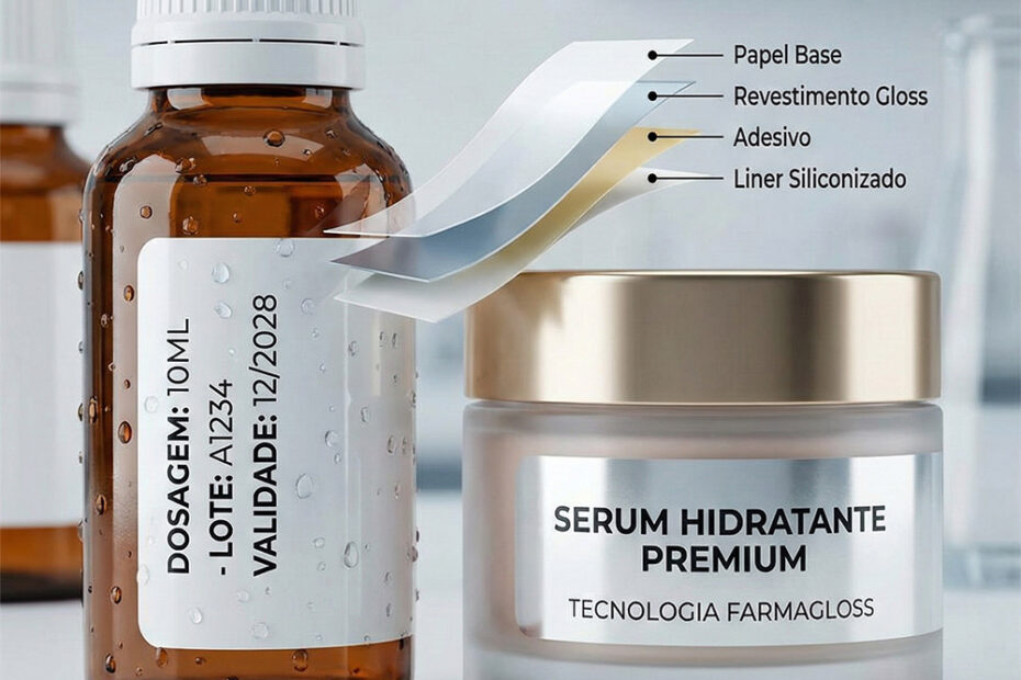 Frasco de remédio e pote de cosmético ilustrando as 4 camadas da etiqueta Farmagloss, destacando a resistência à umidade e o acabamento premium para a indústria.
