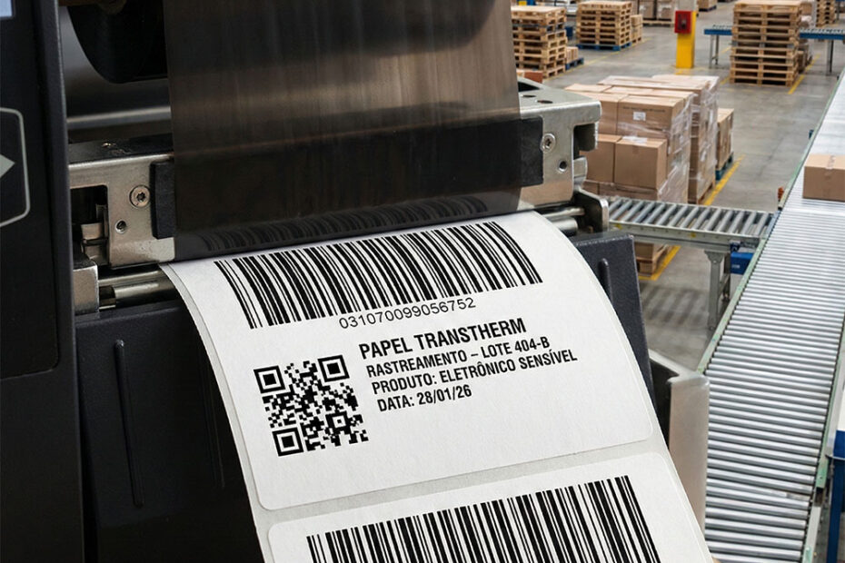 Close-up de uma impressora térmica industrial imprimindo uma etiqueta de Papel Transtherm com código de barras e QR code para rastreamento, utilizando um ribbon preto em um ambiente de armazém logístico.
