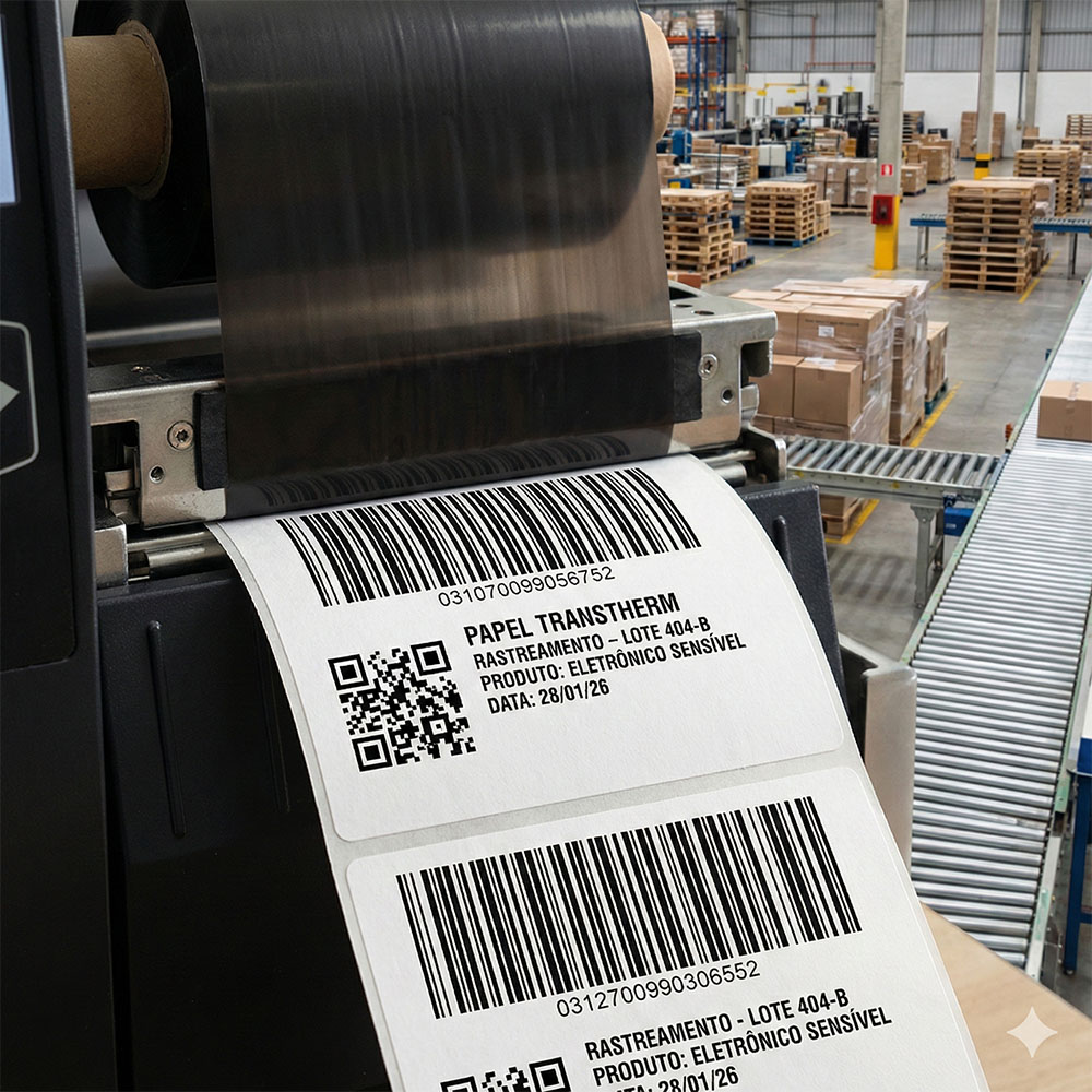Close-up de uma impressora térmica industrial imprimindo uma etiqueta de Papel Transtherm com código de barras e QR code para rastreamento, utilizando um ribbon preto em um ambiente de armazém logístico.