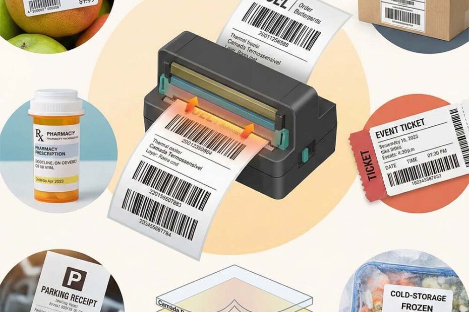Infográfico ilustrativo sobre papel térmico: ao centro, uma impressora térmica imprimindo uma etiqueta com código de barras; ao redor, exemplos práticos de uso como etiquetas de envio, preços de supermercado, farmácia, ingressos e alimentos congelados, além de um diagrama esquemático mostrando as camadas base, termossensível e protetora do papel.