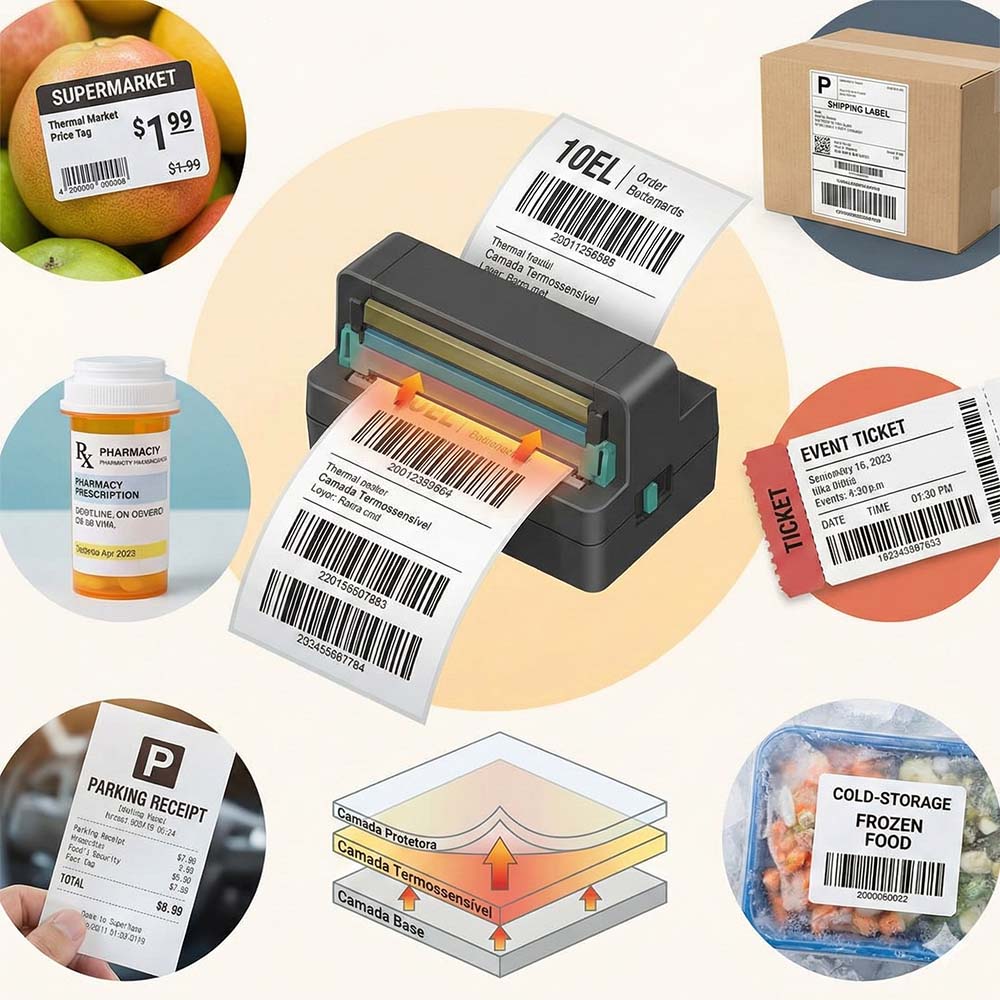 Infográfico ilustrativo sobre papel térmico: ao centro, uma impressora térmica imprimindo uma etiqueta com código de barras; ao redor, exemplos práticos de uso como etiquetas de envio, preços de supermercado, farmácia, ingressos e alimentos congelados, além de um diagrama esquemático mostrando as camadas base, termossensível e protetora do papel.