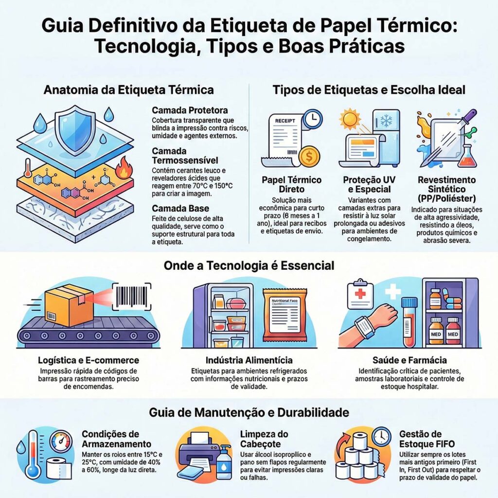 Rolo de etiqueta papel térmico sendo impresso em impressora de código de barras industrial
