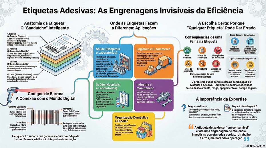Infográfico detalhando a estrutura de uma etiqueta adesiva e suas camadas, com exemplos de aplicações industriais e varejo.