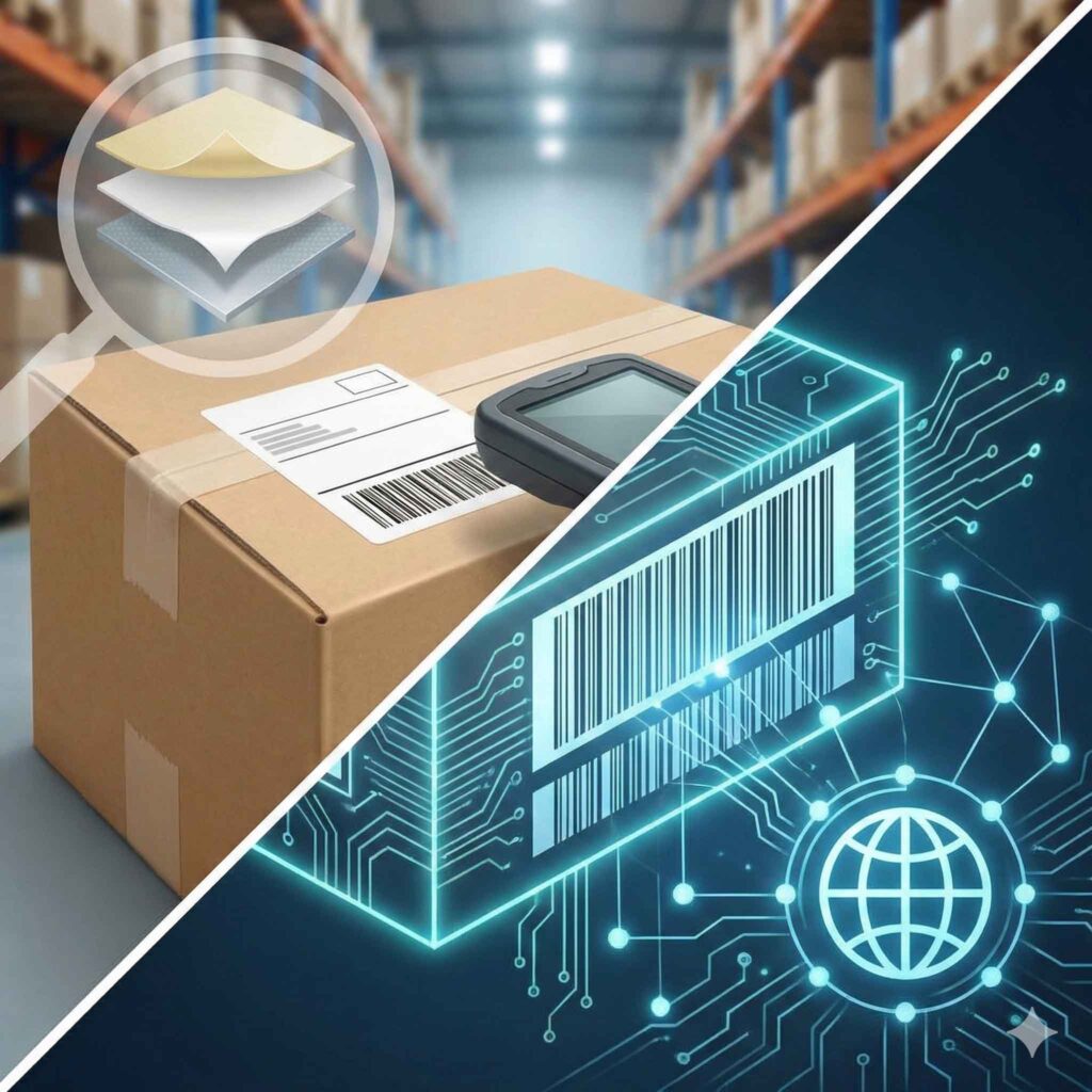 Estrutura em camadas de uma etiqueta adesiva industrial; Aplicação de etiquetas em logística e saúde.