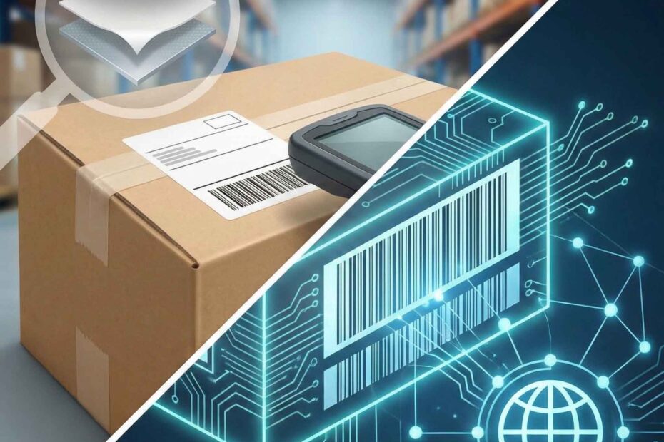 Estrutura em camadas de uma etiqueta adesiva industrial; Aplicação de etiquetas em logística e saúde.