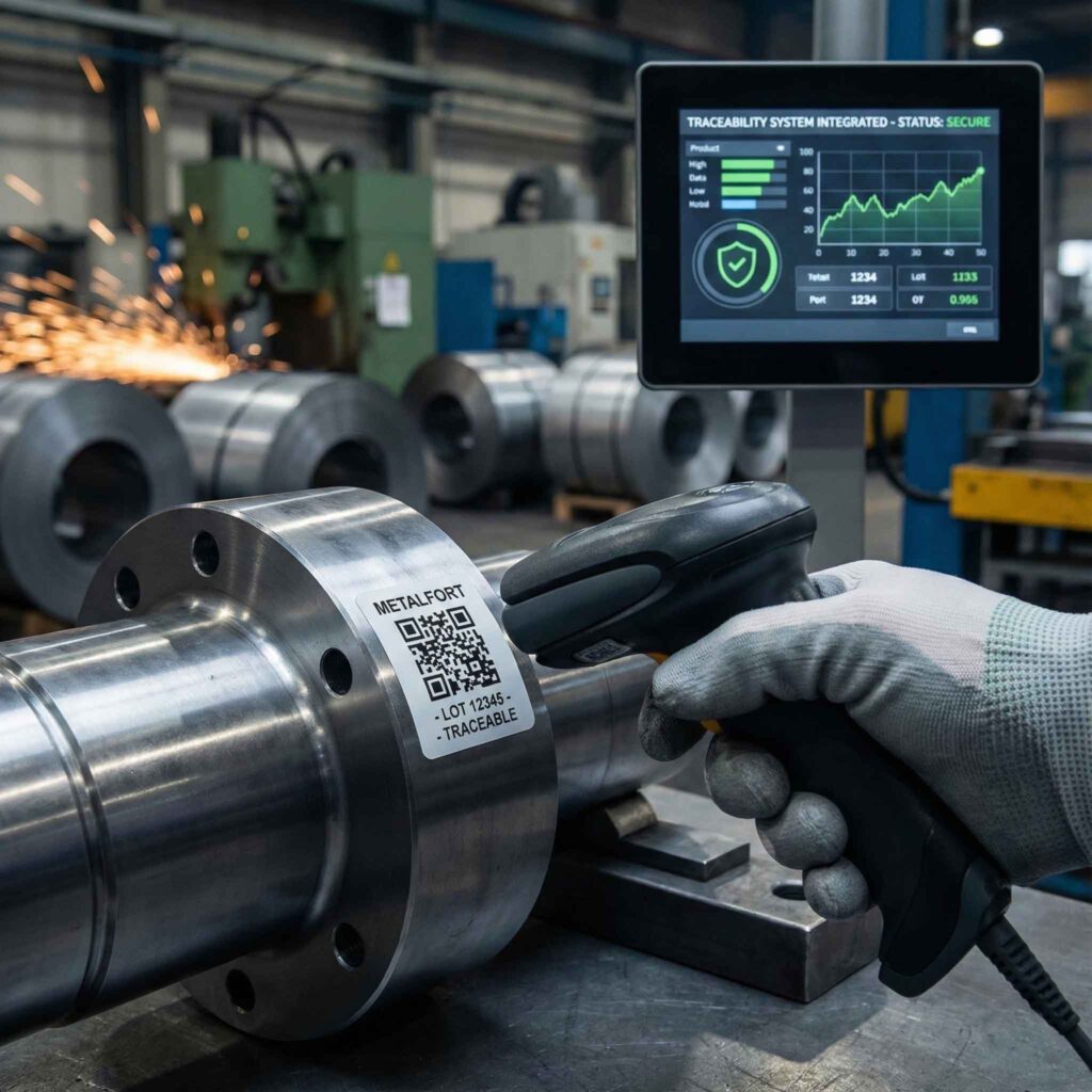 Close-up de um operador com luva usando um leitor manual para escanear uma etiqueta de QR code de rastreabilidade em uma peça de metal usinada na fábrica MetalFort. Ao fundo, uma tela digital exibe o status seguro do sistema de rastreabilidade integrado.