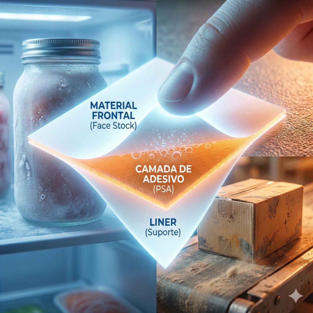 Fotografia macro em laboratório mostrando testes de resistência de etiquetas adesivas. Uma pinça puxa uma etiqueta revelando a estrutura da cola, ao lado de testes de calor em papelão e umidade em vidro.