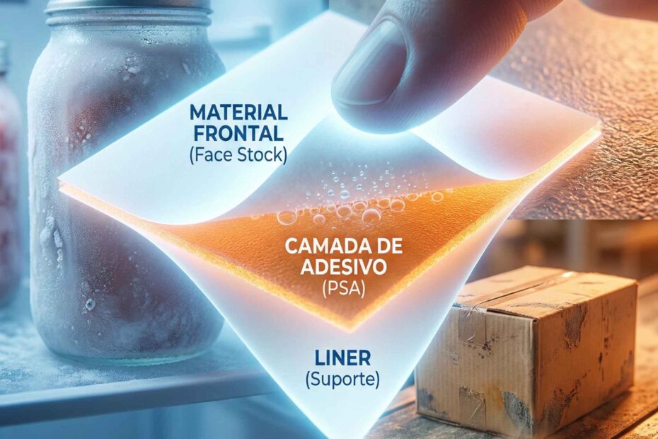 Fotografia macro em laboratório mostrando testes de resistência de etiquetas adesivas. Uma pinça puxa uma etiqueta revelando a estrutura da cola, ao lado de testes de calor em papelão e umidade em vidro.