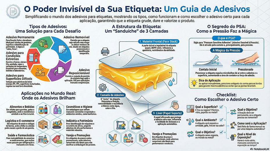 Ilustração das camadas de uma etiqueta adesiva e aplicação com pressão.