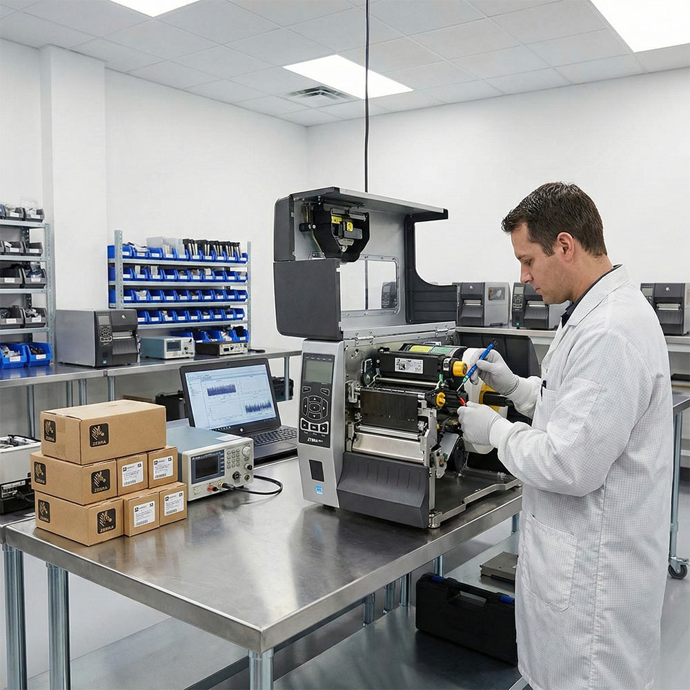 Técnico certificado realizando manutenção interna em impressora industrial Zebra, efetuando a troca de cabeça de impressão e roletes com peças originais em laboratório autorizado.