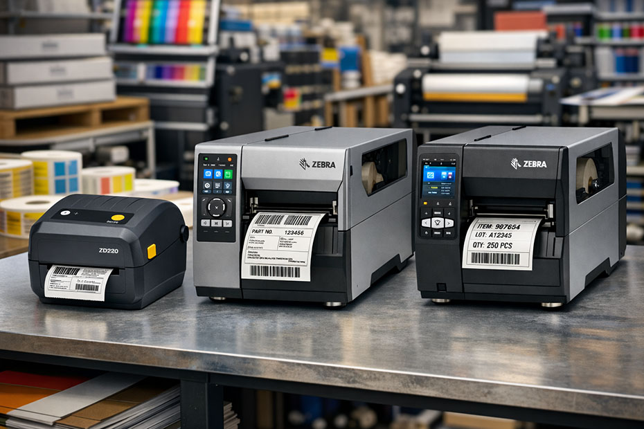 Comparativo visual das impressoras térmicas de etiquetas Zebra ZD220 (desktop), ZT231 (industrial) e ZT411 (industrial avançada) lado a lado, imprimindo rótulos com códigos de barras em um ambiente de produção.