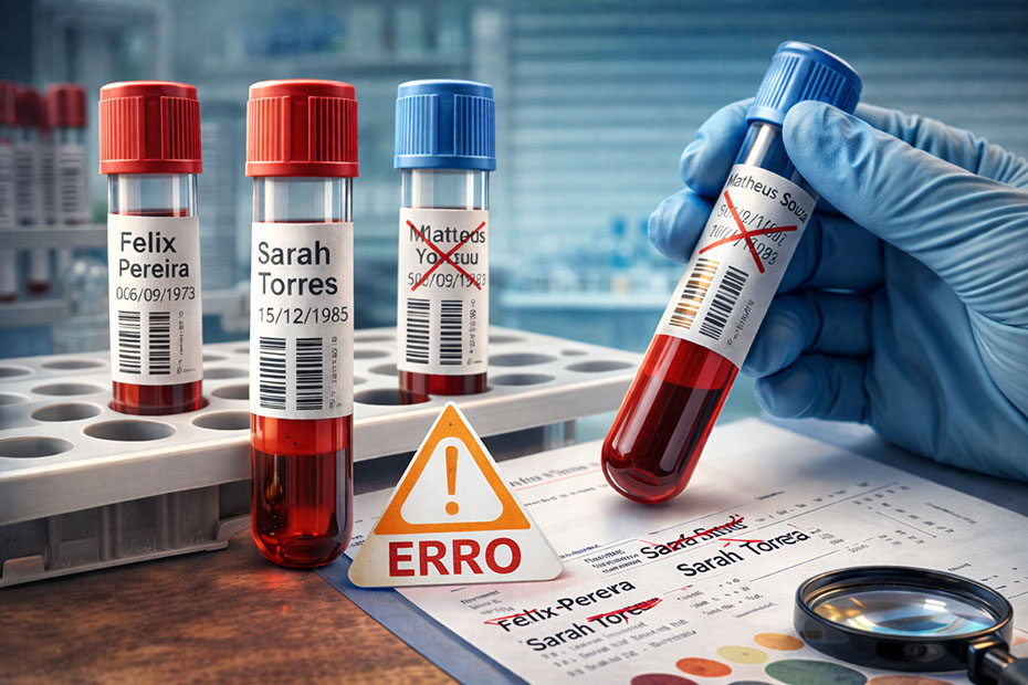 Profissional de saúde colando etiqueta de identificação correta em tubo de amostra laboratorial.