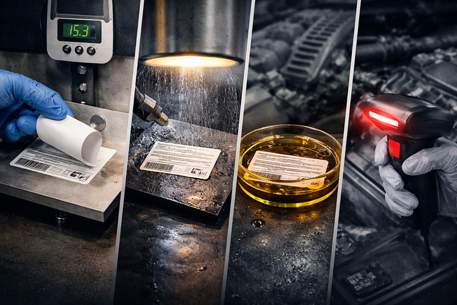 Especialista em laboratório realizando peel test em uma etiqueta automotiva para aprovação no processo PPAP.