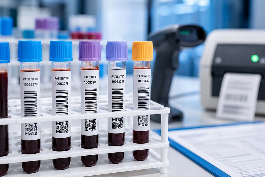 Tubos de coleta com etiquetas de identificação, códigos de barras e QR Codes em laboratório clínico