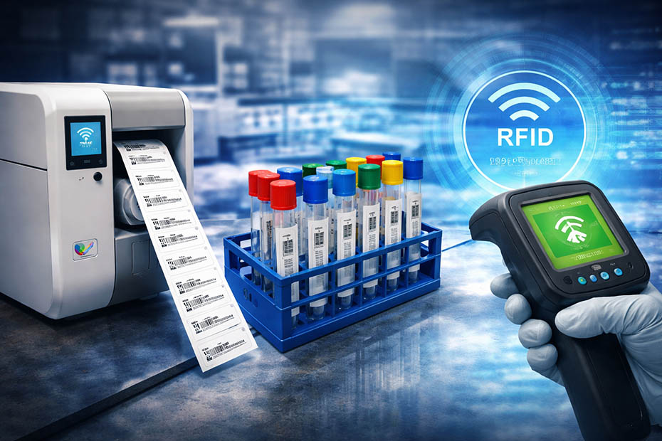 Especialista de laboratório utilizando leitor de etiquetas RFID da Servir Print para gestão de amostras em tubos de ensaio.