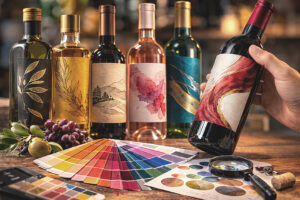 Garrafas de vinho com rótulos premium, evidenciando o uso da psicologia das cores em embalagens produzidas pela Servir Print.