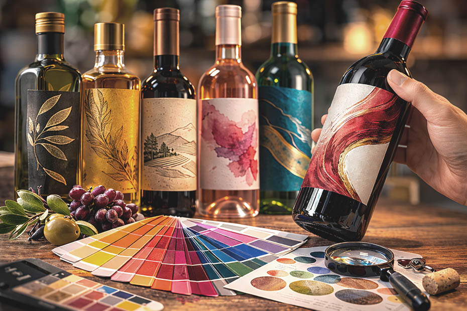 Garrafas de vinho com rótulos premium, evidenciando o uso da psicologia das cores em embalagens produzidas pela Servir Print.