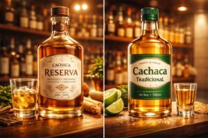 Garrafas de cachaça premium e popular lado a lado, destacando as diferenças de rótulo, textura e acabamento visual na prateleira.