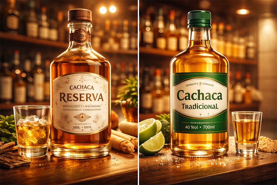 Garrafas de cachaça premium e popular lado a lado, destacando as diferenças de rótulo, textura e acabamento visual na prateleira.