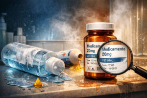 Frasco de medicamento com rótulo farmacêutico de alta resistência química intacto após contato com álcool 70%