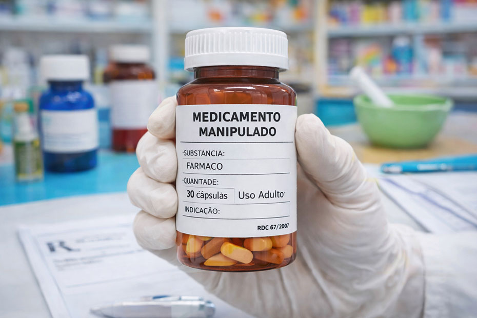 Frasco de medicamento manipulado com rótulo nítido, ilustrando as normas obrigatórias da RDC 67/2007 da Anvisa.