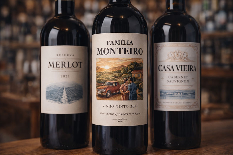 Garrafa de vinho com rótulo personalizado destacando o storytelling e a identidade visual da vinícola, impressa com alta qualidade pela Servir Print.