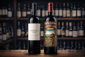 Duas garrafas de vinho ilustrando o contraste entre um design de rótulo minimalista elegante e um design maximalista rico em cores e detalhes.