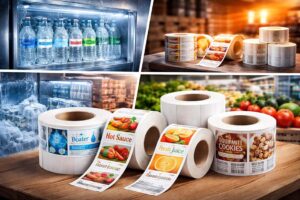 Rolo de etiquetas industriais comparando os substratos em BOPP e papel autoadesivo, demonstrando resistência à umidade e qualidade de impressão.