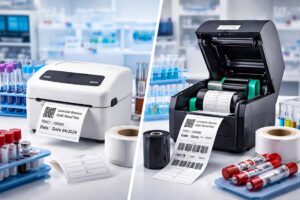Imagem dividida mostrando duas impressoras de etiquetas em uma bancada de laboratório. À esquerda, uma impressora térmica direta branca. À direita, uma impressora de transferência térmica preta com a tampa aberta, exibindo o rolo de ribbon no interior. Ambas estão imprimindo etiquetas de identificação ao lado de tubos de amostras de sangue.