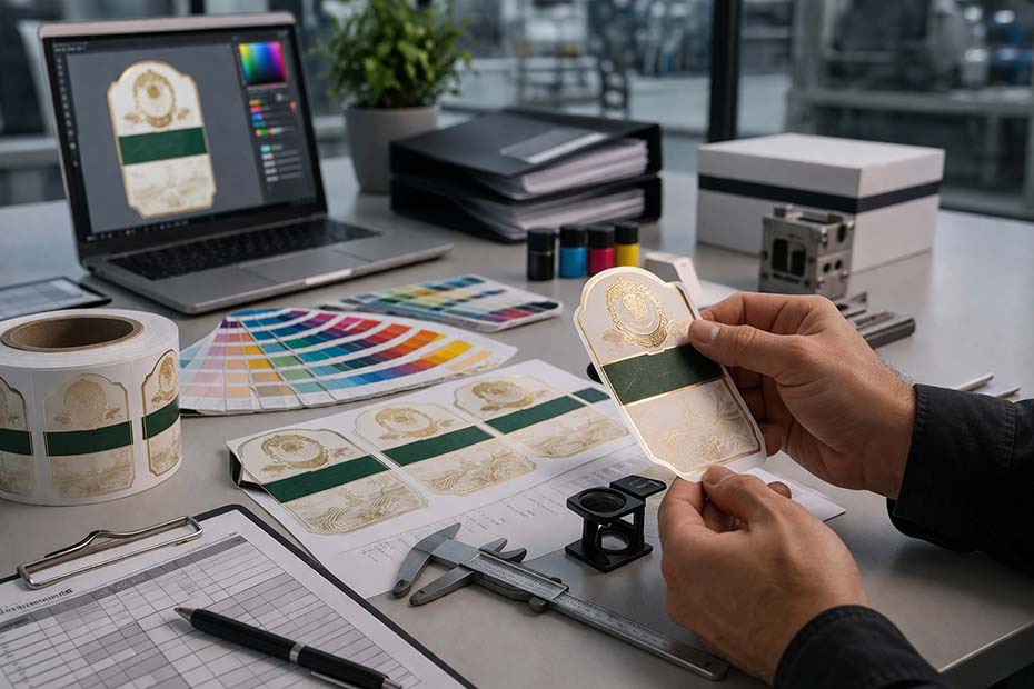 Profissional de qualidade inspecionando detalhes e dimensões de uma amostra física de rótulo com paquímetro e escala pantone, etapa fundamental para a aprovação e validação do dossiê PPAP Nível 3.